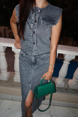 Slate Front Slit Skirt in Washed Grey