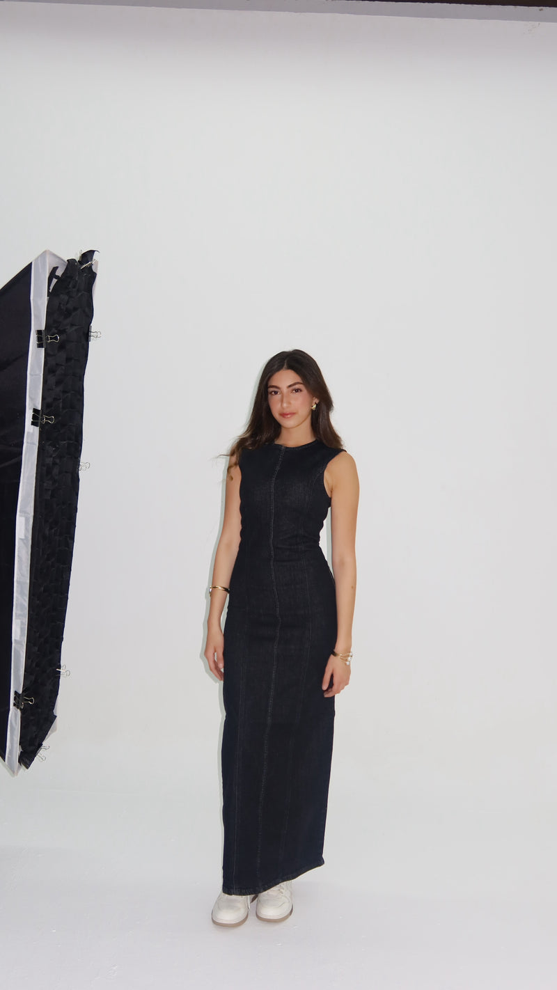 Signature Deep Black Maxi Denim Dress