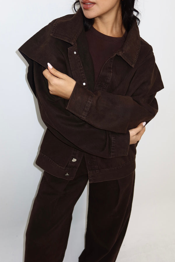 Unembellished Denim Piece Jacket in Brown