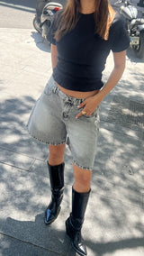 Washed Grey Knee Length Denim Shorts