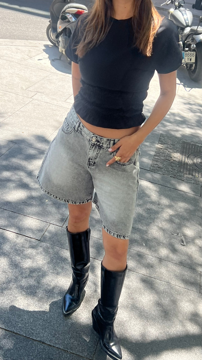 Washed Grey Knee Length Denim Shorts