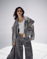 Embellished Denim Set In Gray