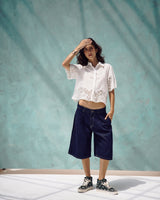 Deep Blue Knee-Length Denim Shorts