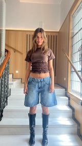 Washed Navy Knee Length Denim Shorts