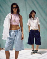 Deep Blue Knee-Length Denim Shorts