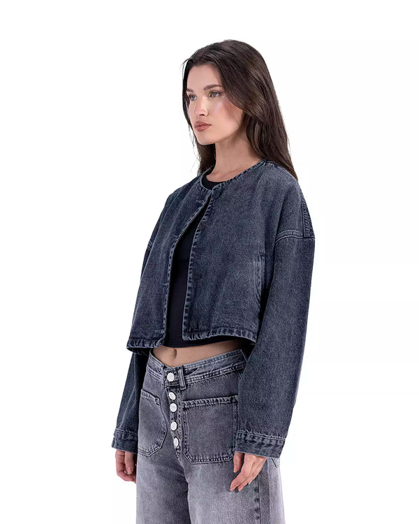 Cropped Bomber Denim Jacket In charcoal