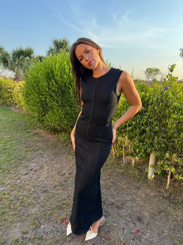 Signature Deep Black Maxi Denim Dress