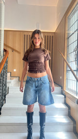 Washed Navy Knee Length Denim Shorts