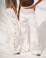 White Paisley Embroidered Wide Leg Jeans