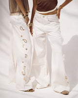 White Paisley Embroidered Wide Leg Jeans