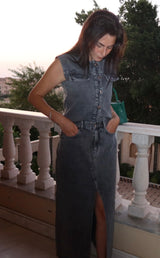 Slate Front Slit Skirt In Grey Washed