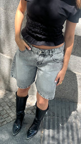 Washed Grey Knee Length Denim Shorts