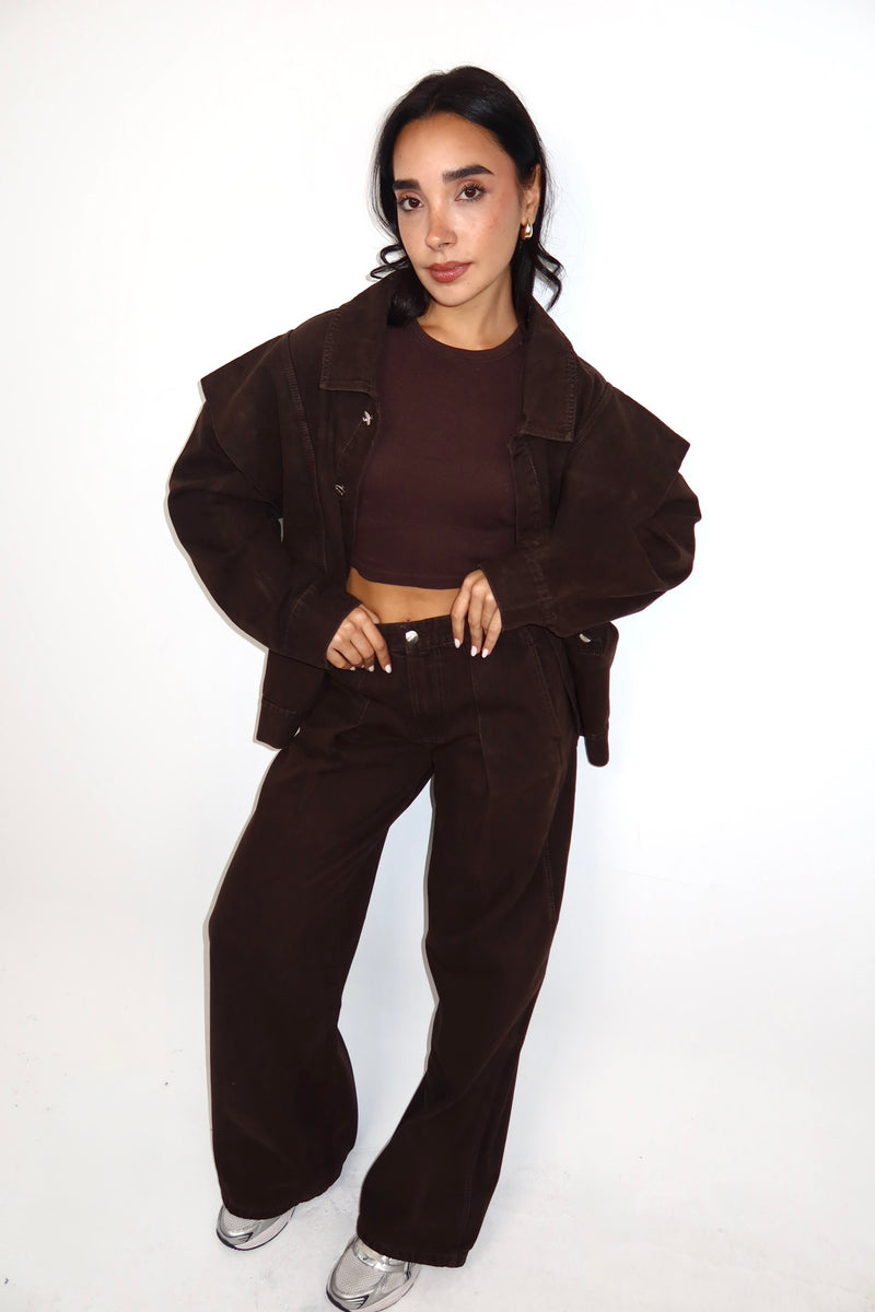 Unembellished Denim Piece Jacket in Brown