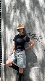 Washed Grey Knee Length Denim Shorts