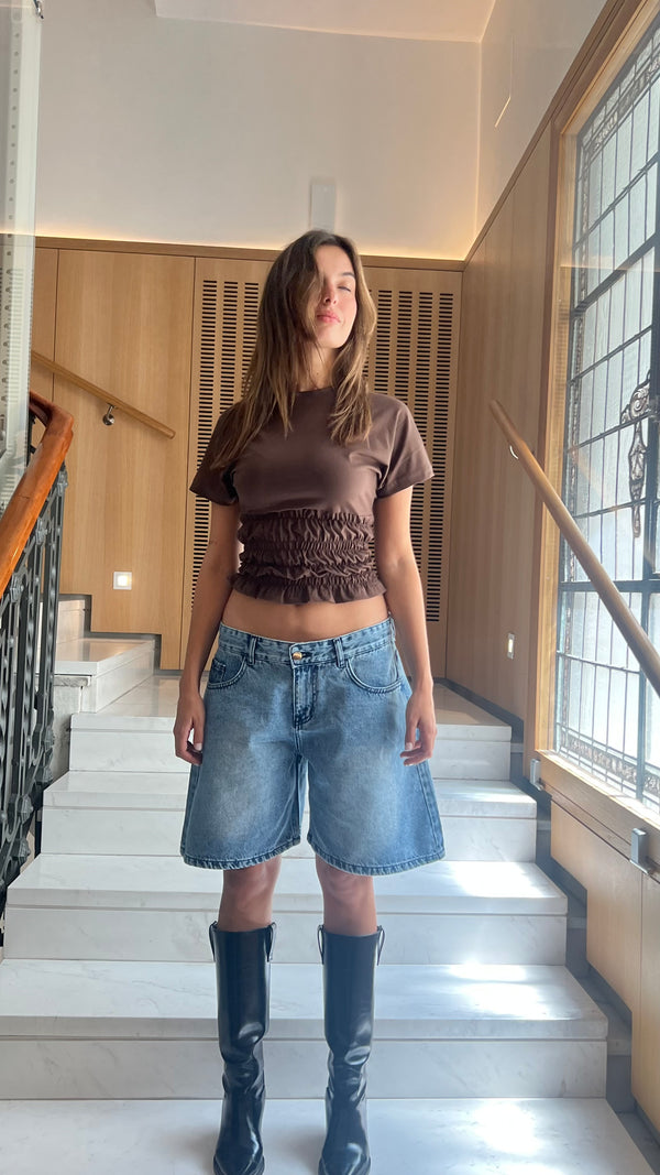 Washed Navy Knee Length Denim Shorts