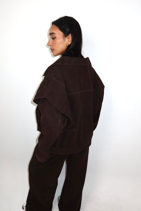 Unembellished Denim Piece Jacket in Brown