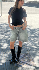 Washed Grey Knee Length Denim Shorts