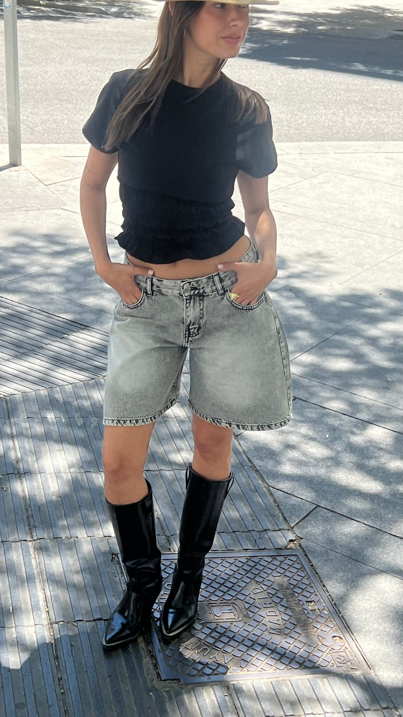 Washed Grey Knee Length Denim Shorts