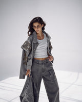 Embellished Denim Set In Gray