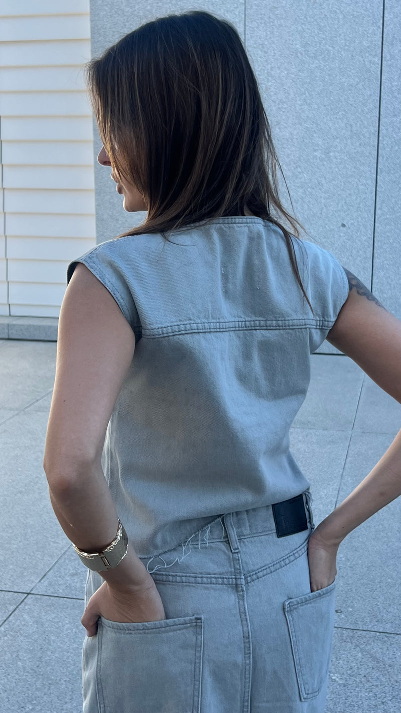 Slate Button Vest In Grey