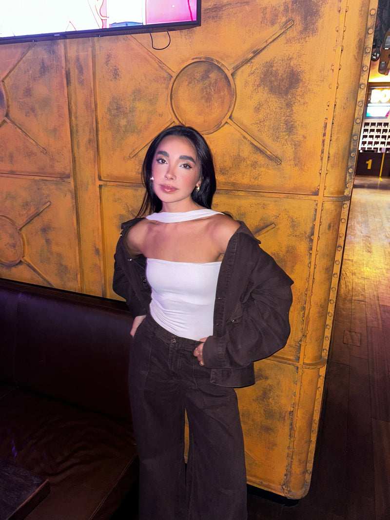 Unembellished Denim Piece Jacket in Brown