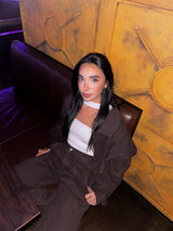 Unembellished Denim Piece Jacket in Brown