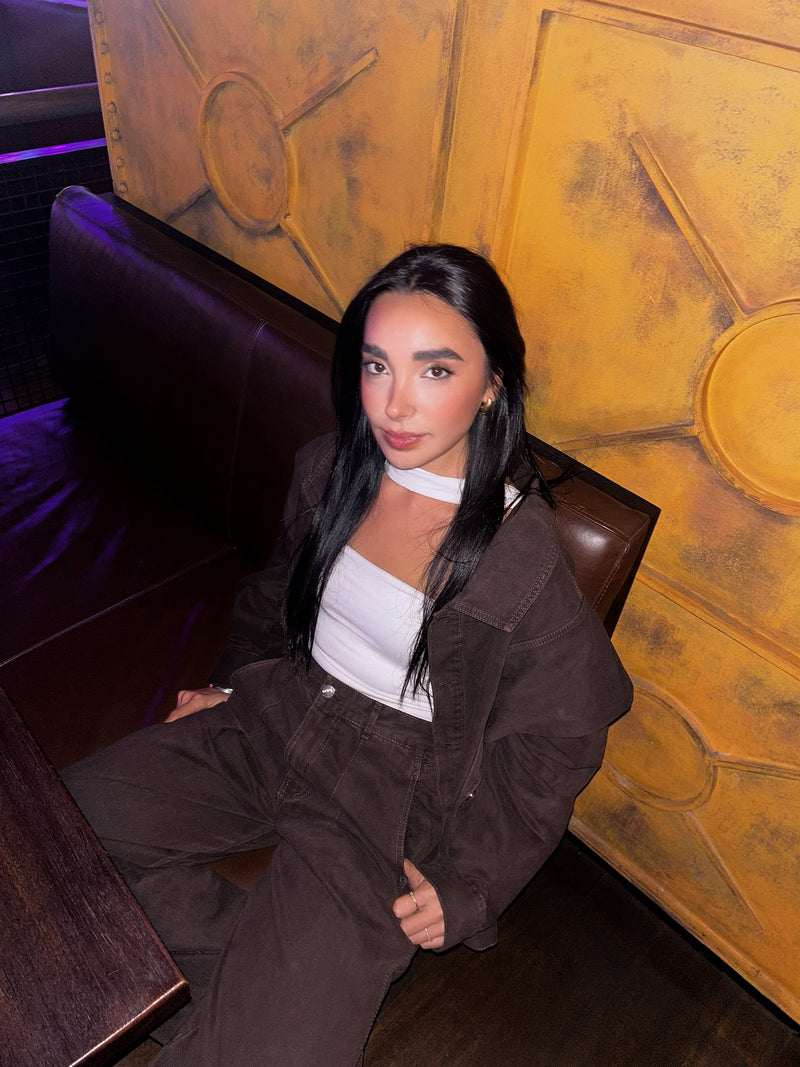 Unembellished Denim Piece Jacket in Brown