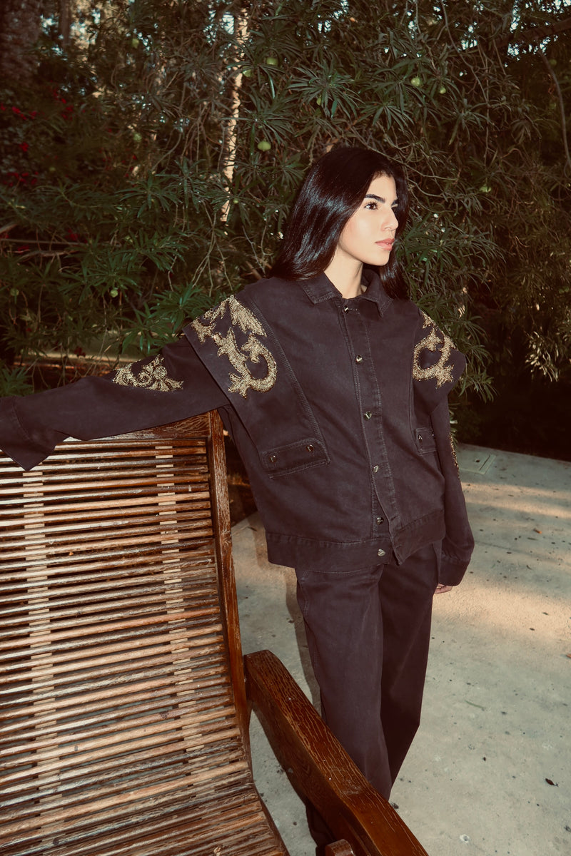 Embellished Denim Piece Jacket In Brown