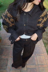 Embellished Denim Piece Jacket In Brown