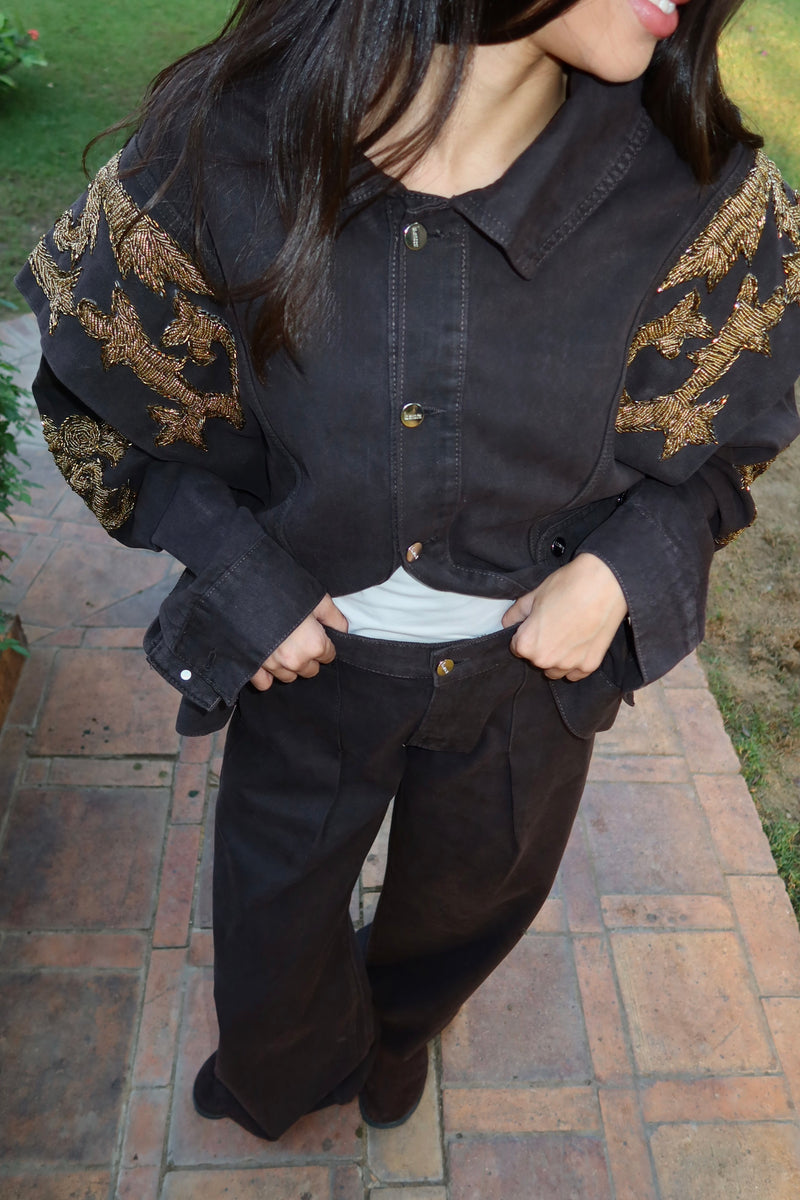 Embellished Denim Piece Jacket In Brown