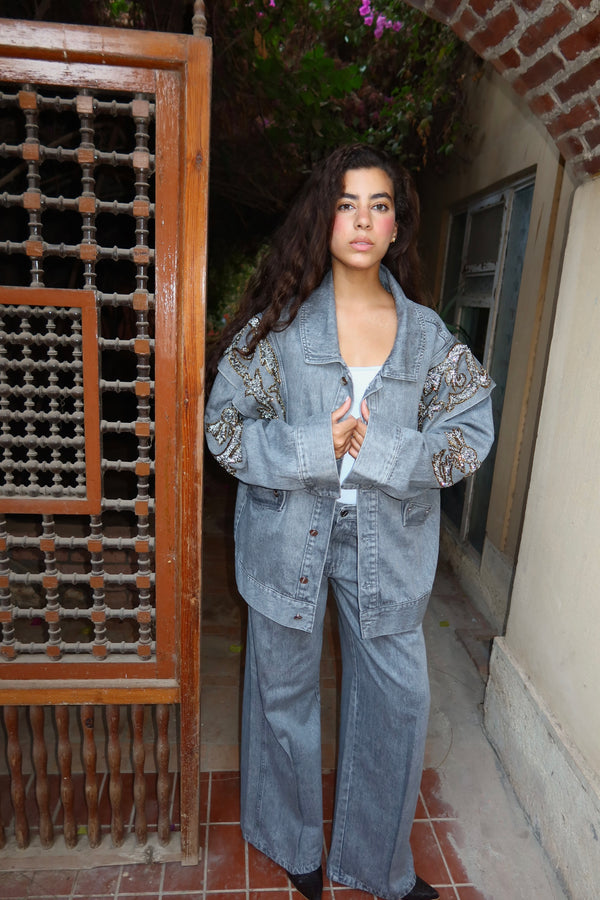 Embellished Denim Piece Jacket In Gray