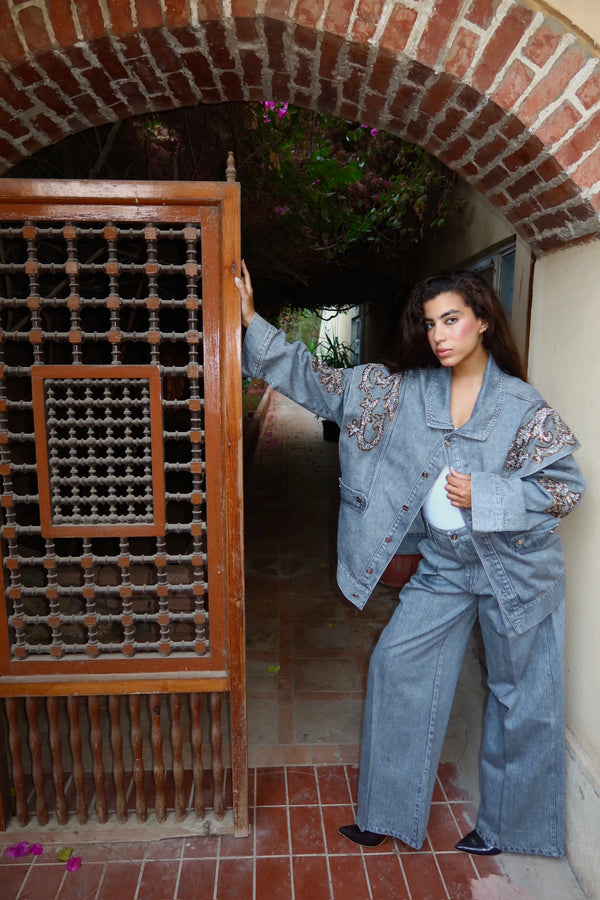 Embellished Denim Pants In Gray