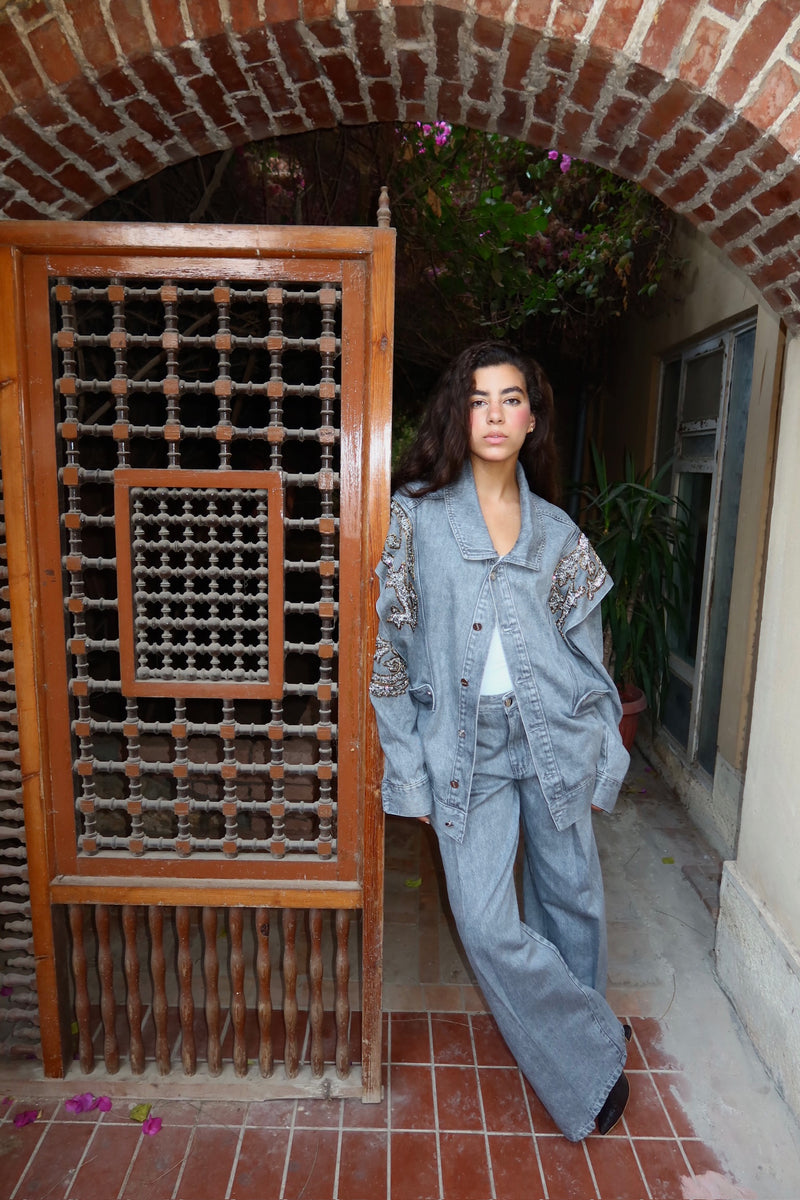 Embellished Denim Pants In Gray