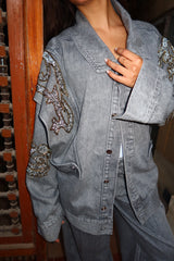 Embellished Denim Piece Jacket In Gray