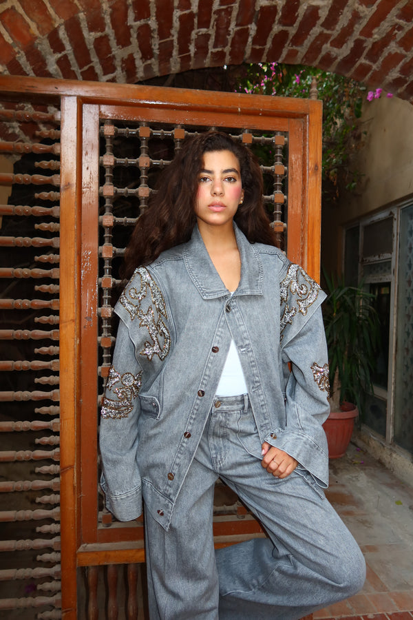 Embellished Denim Set In Gray