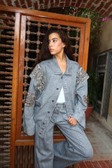 Embellished Denim Piece Jacket In Gray