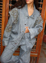 Embellished Denim Piece Jacket In Gray