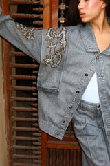 Embellished Denim Piece Jacket In Gray