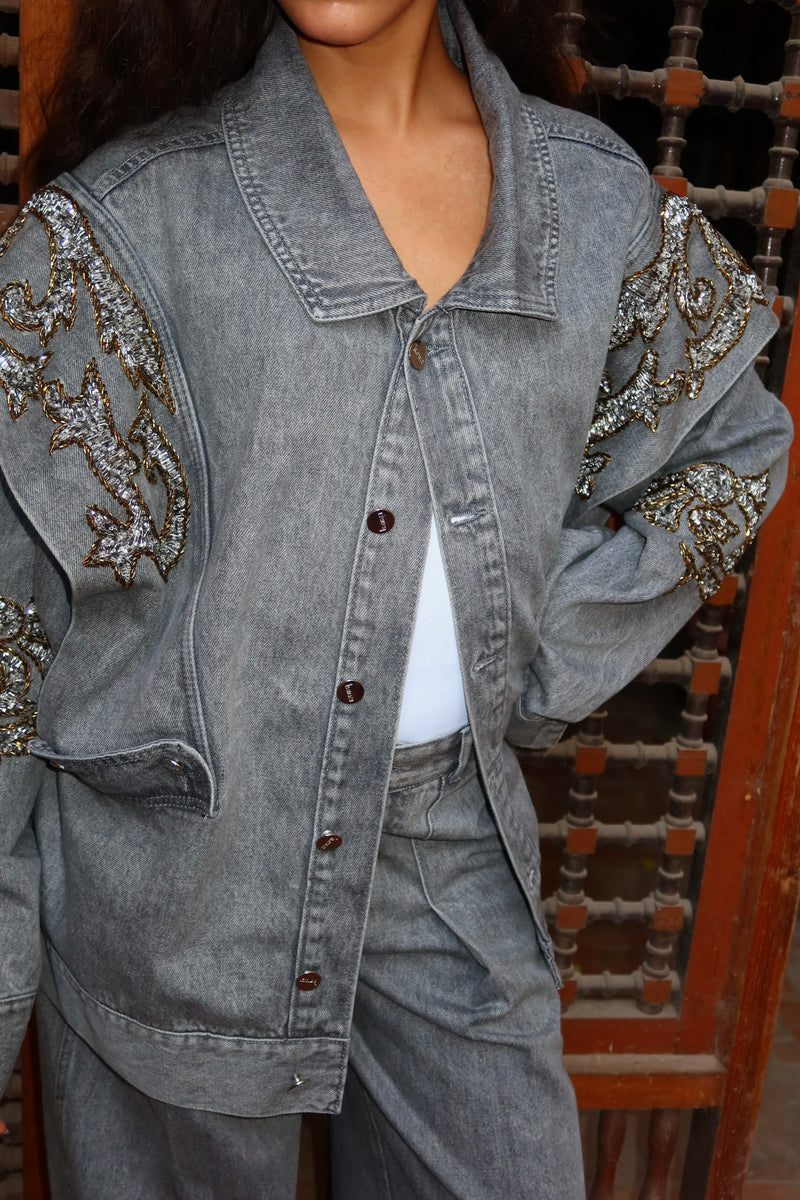 Embellished Denim Piece Jacket In Gray