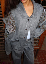 Embellished Denim Piece Jacket In Gray