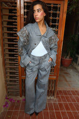 Embellished Denim Piece Jacket In Gray
