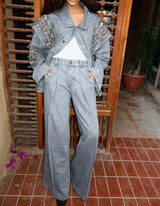 Embellished Denim Pants In Gray