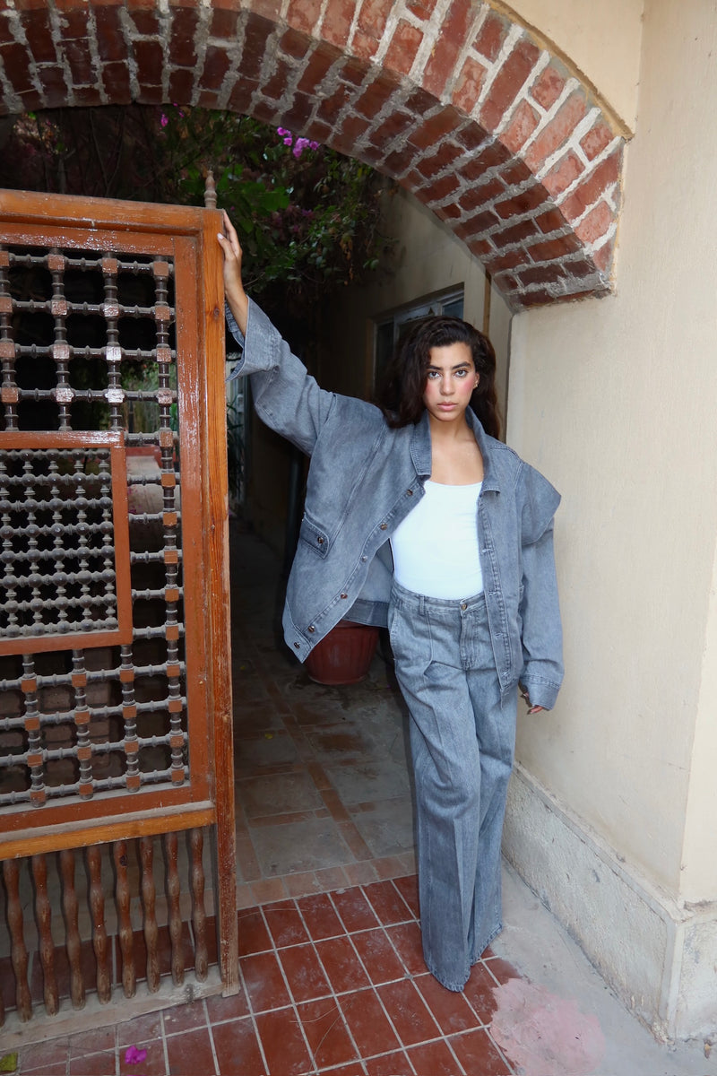 Embellished Denim Pants In Gray