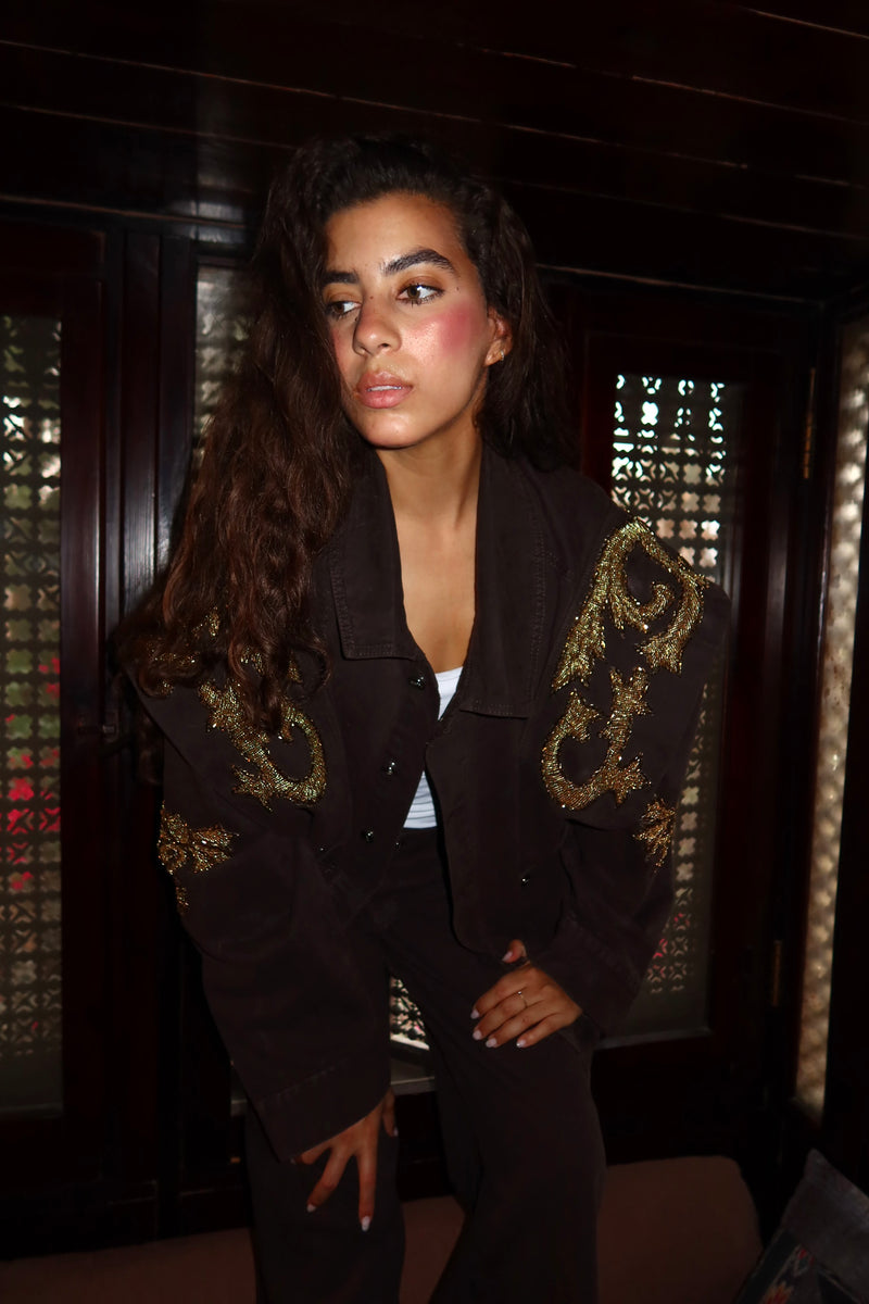 Embellished Denim Piece Jacket In Brown