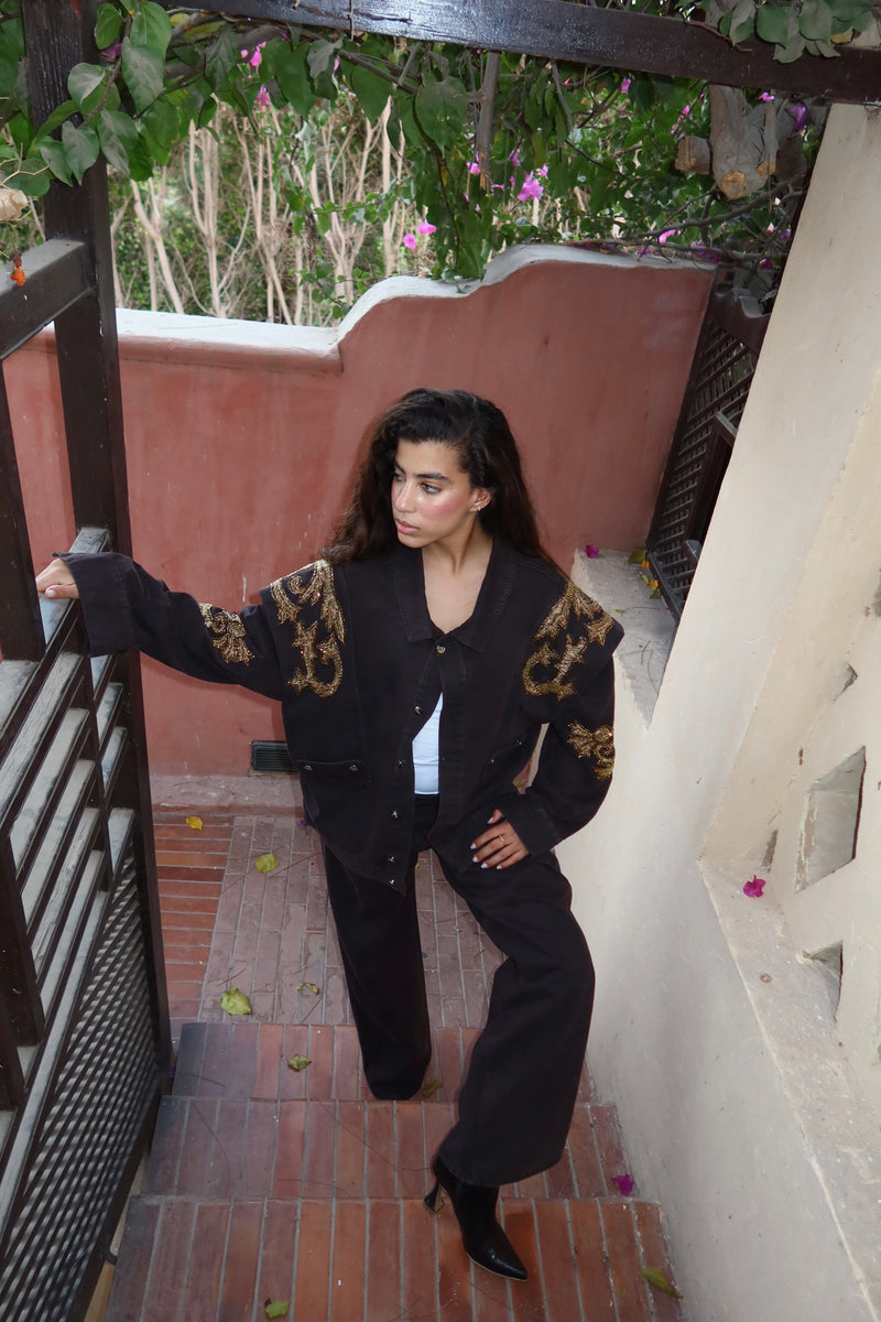 Embellished Denim Piece Jacket In Brown