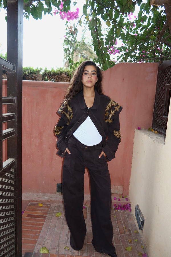 Embellished Denim Set In Brown