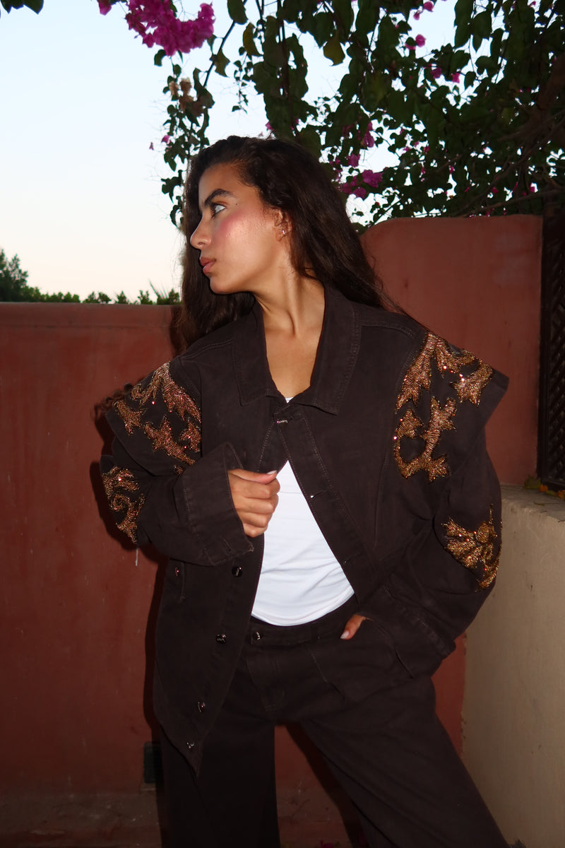 Embellished Denim Piece Jacket In Brown