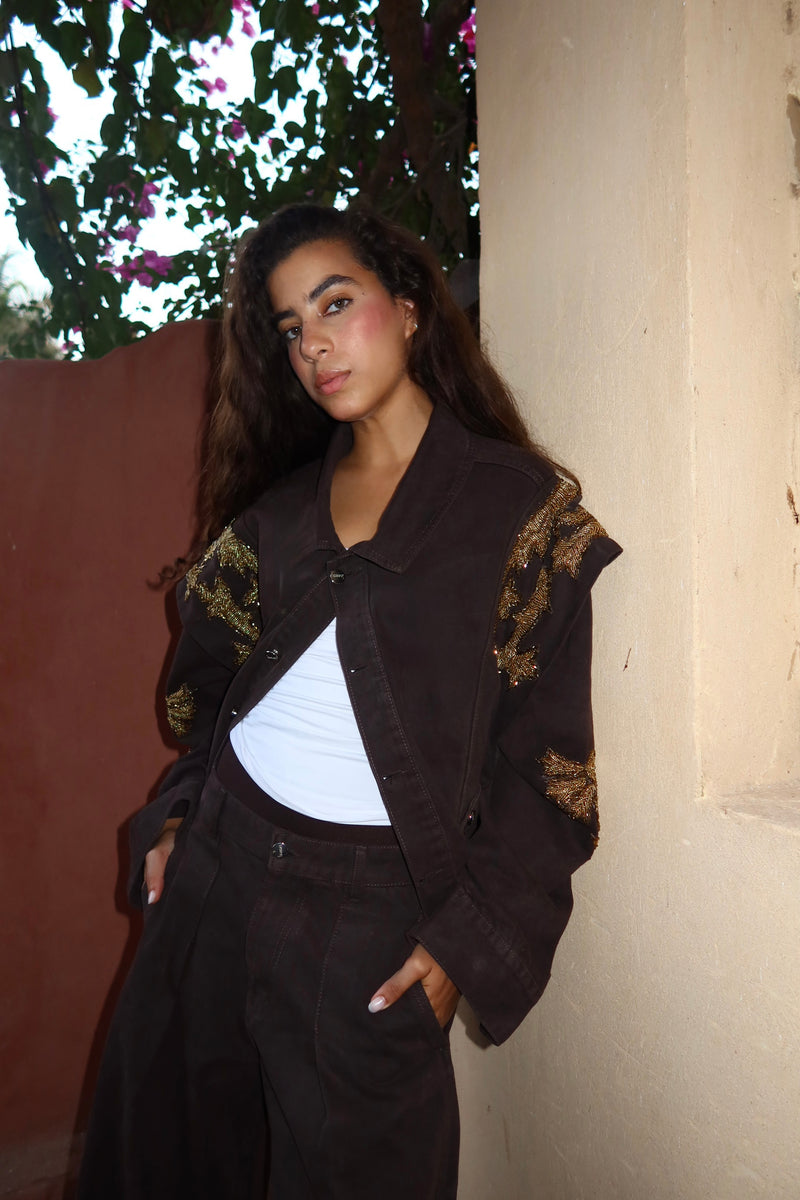 Embellished Denim Piece Jacket In Brown