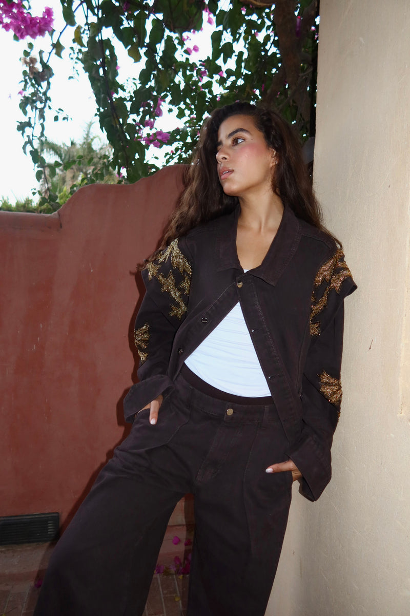Embellished Denim Piece Jacket In Brown