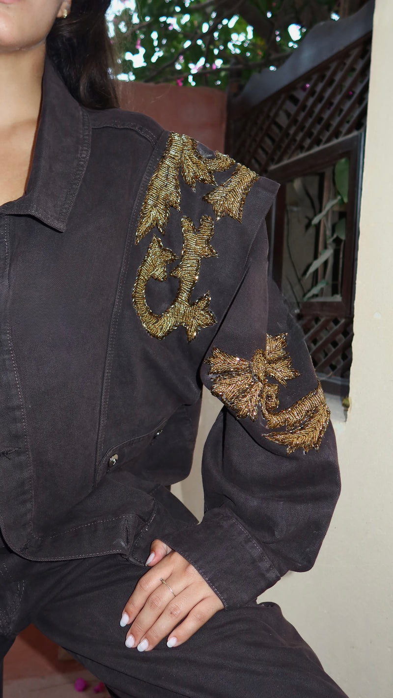 Embellished Denim Piece Jacket In Brown